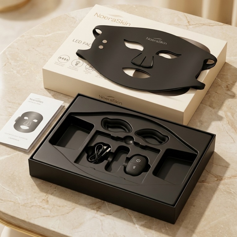 The NoeraSkin LED facial mask laid out beside its open box with the controller and accessories